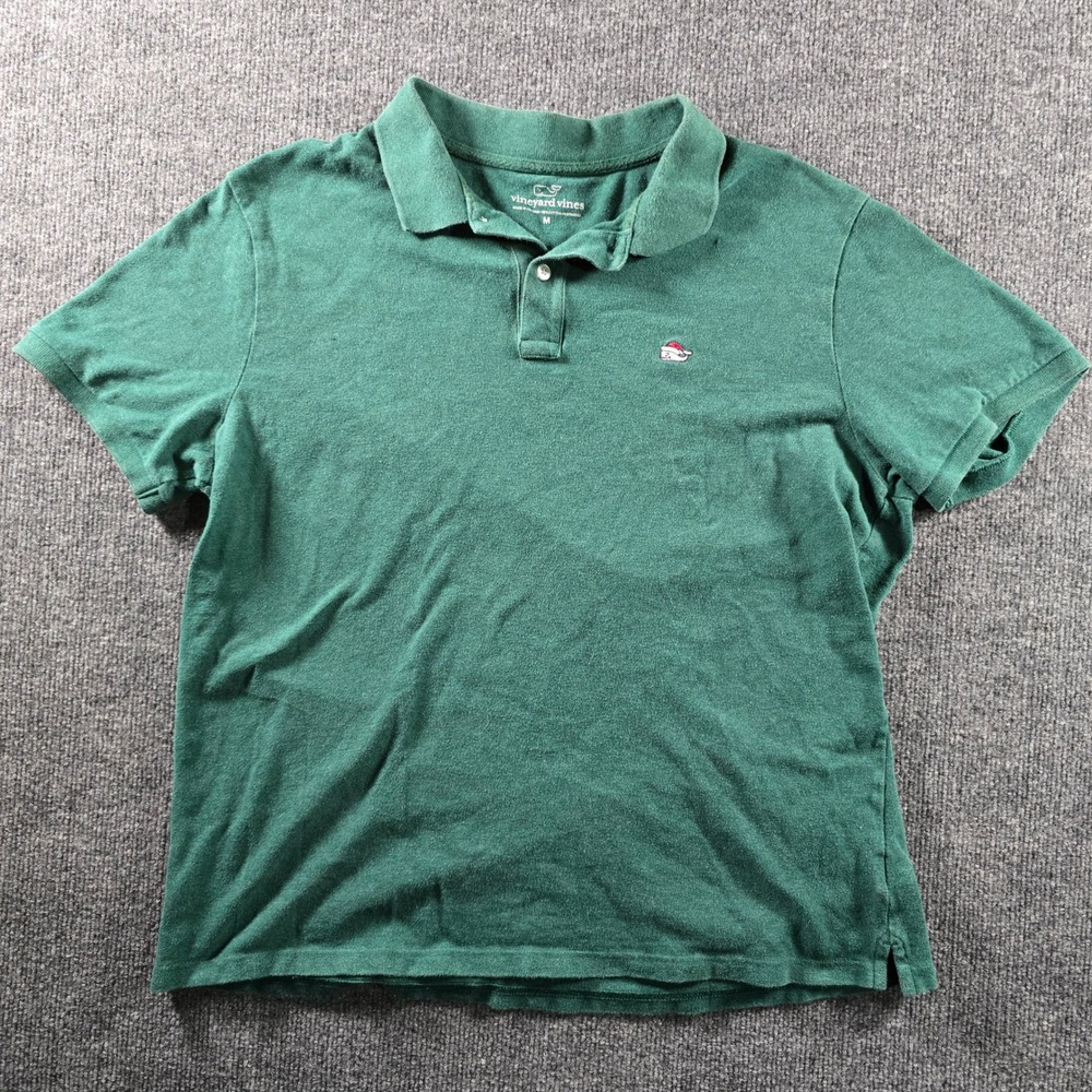 Vineyard Vines Mens Green Santa Hat Whale Logo Polo Shirt Size M Short Sleeve